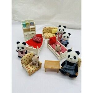 Epoch Sylvanian Families Pandas & Furniture Lot Calico Critters Beds Couch Chair